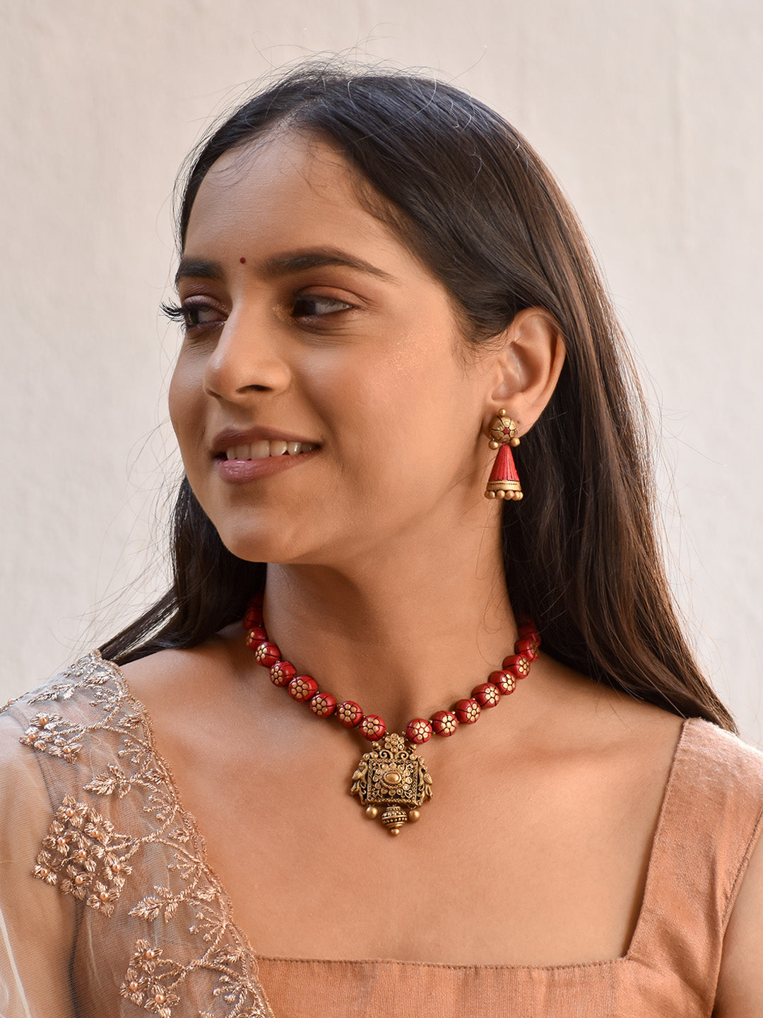 Beautifully Handmade Floral Terracotta Jewellery Set in Maroon & Antique Gold