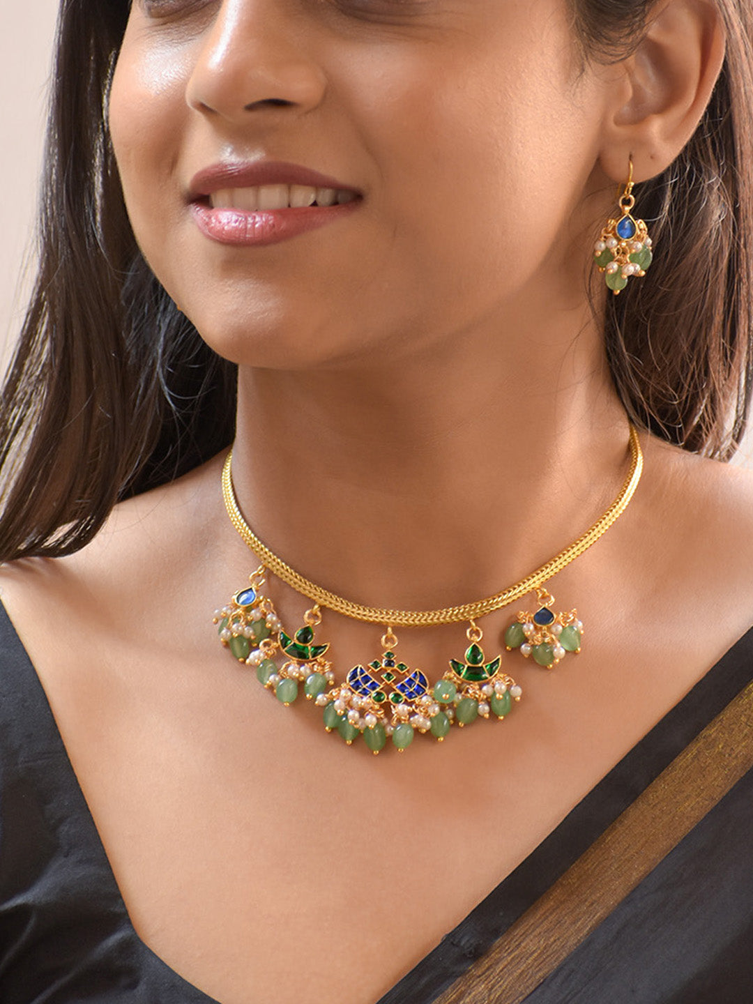 Premium Gold-Plated Jadau Kempu Motif Necklace Set with Onyx and Kundan