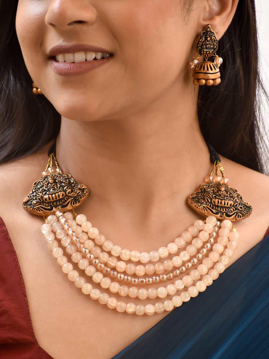 Handcrafted Temple Jewelry Set – Antique Gold Necklace with Cream Beads & Matching Earrings