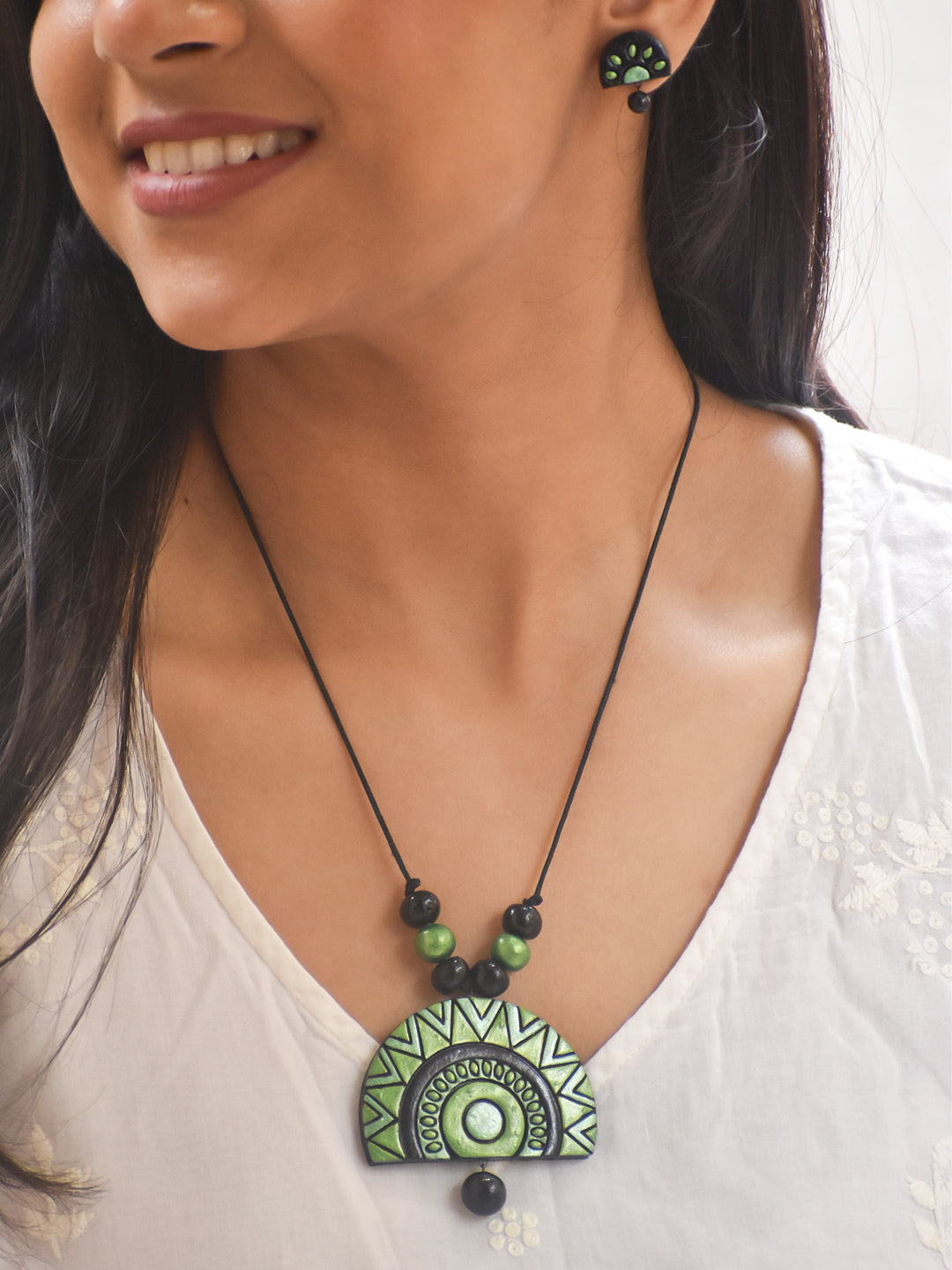 Handcrafted Green Color Terracotta Necklace with Tribal Inspired Half-Circle Design and Stud Earrings