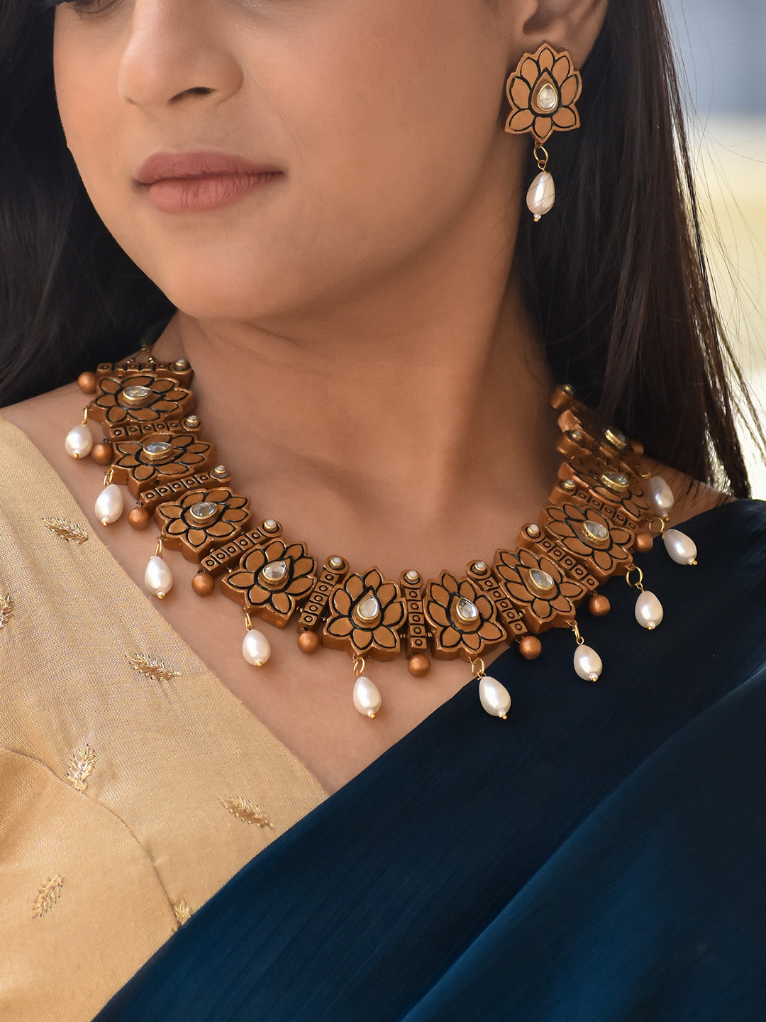 Beautifully Handcrafted Floral Terracotta Jewellery Set in Gold & White with Kundan Stones