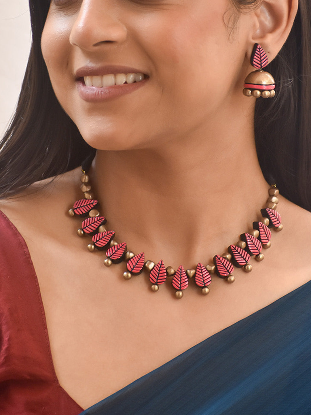 Handcrafted Terracotta Leaf Necklace Set with Red and Golden Bead Earrings