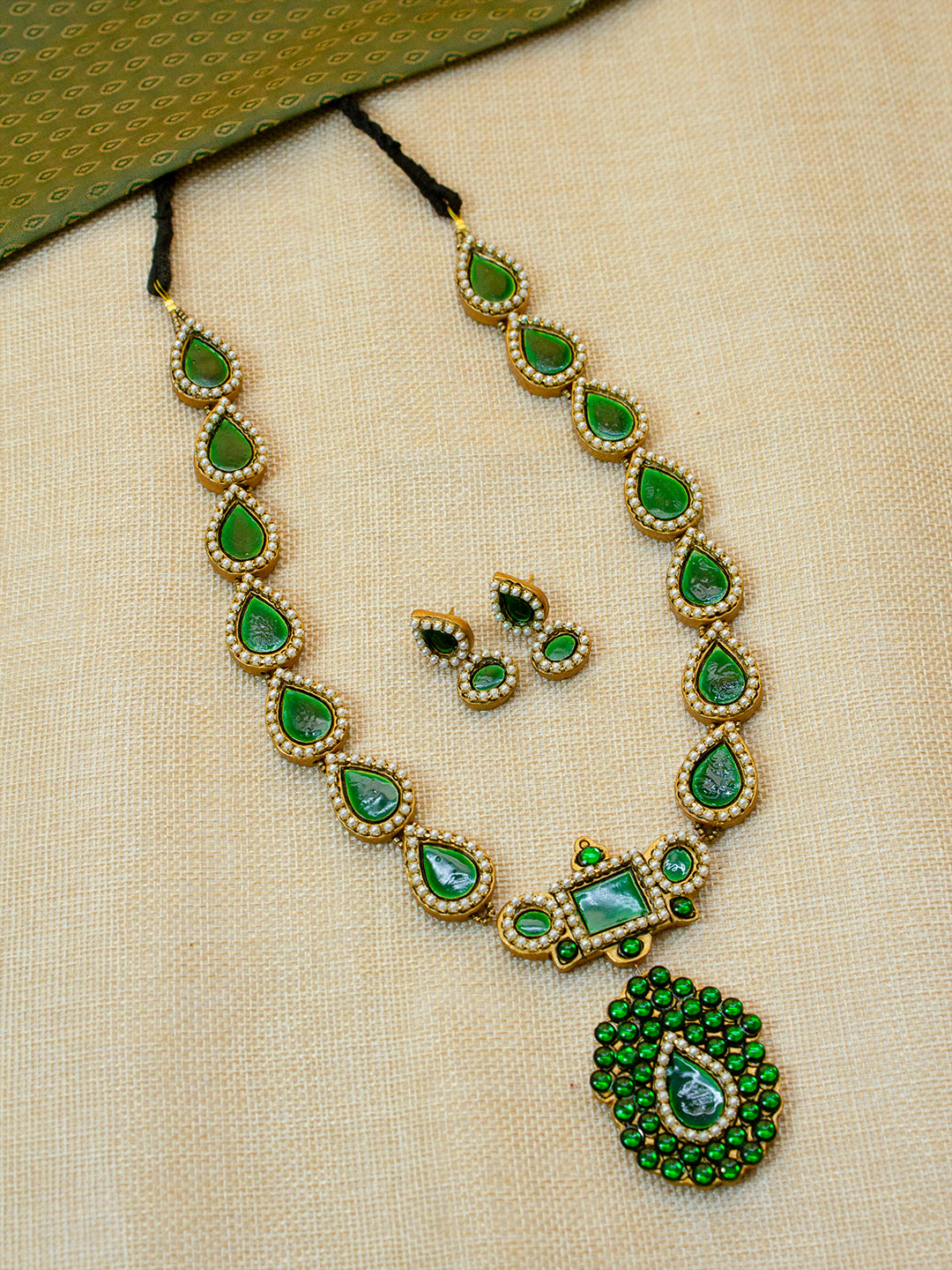 Beautifully Handcrafted Contemporary Terracotta Jewellery Set in Gold & Green with Kundan Stones