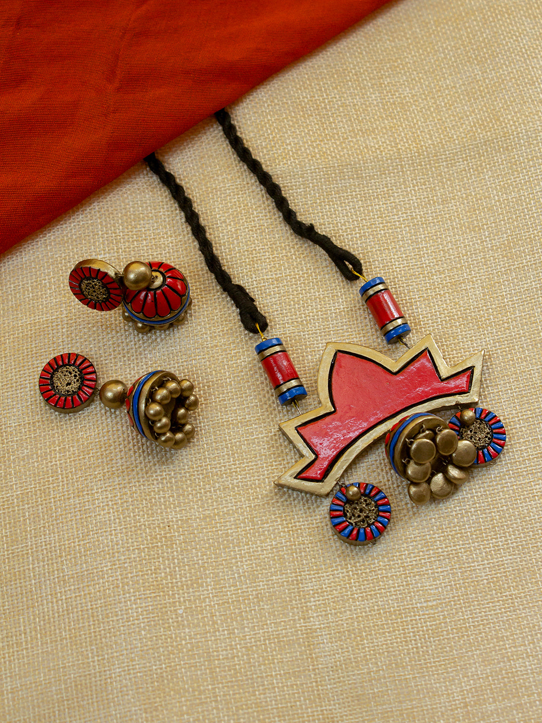 Beautifully Handcrafted Floral Terracotta Jewellery Set in Orange, Blue & Antique Bronze