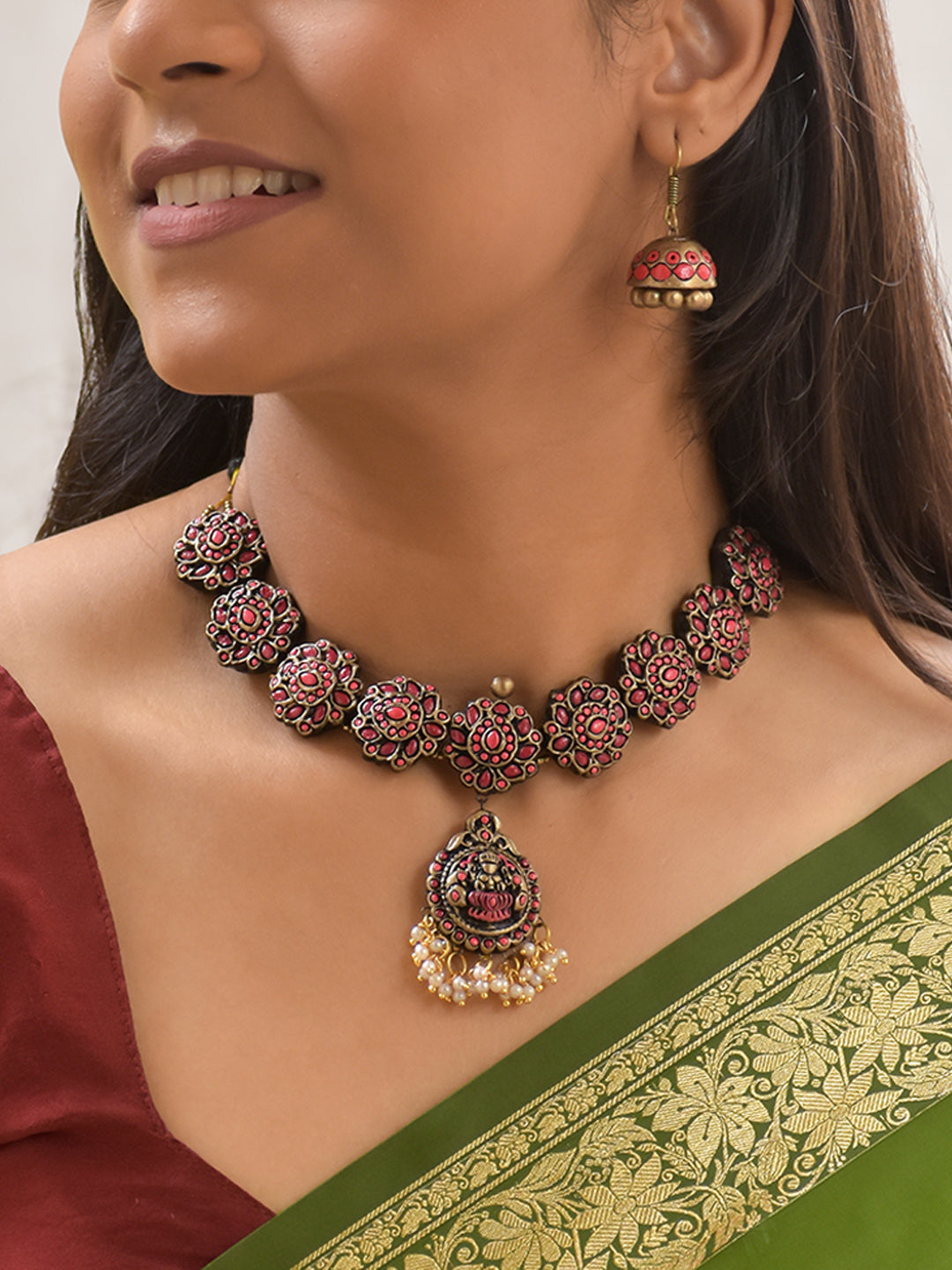 Handcrafted Terracotta Pink Floral Necklace Set with Lakshmi Pendant and Matching Jhumka Earrings