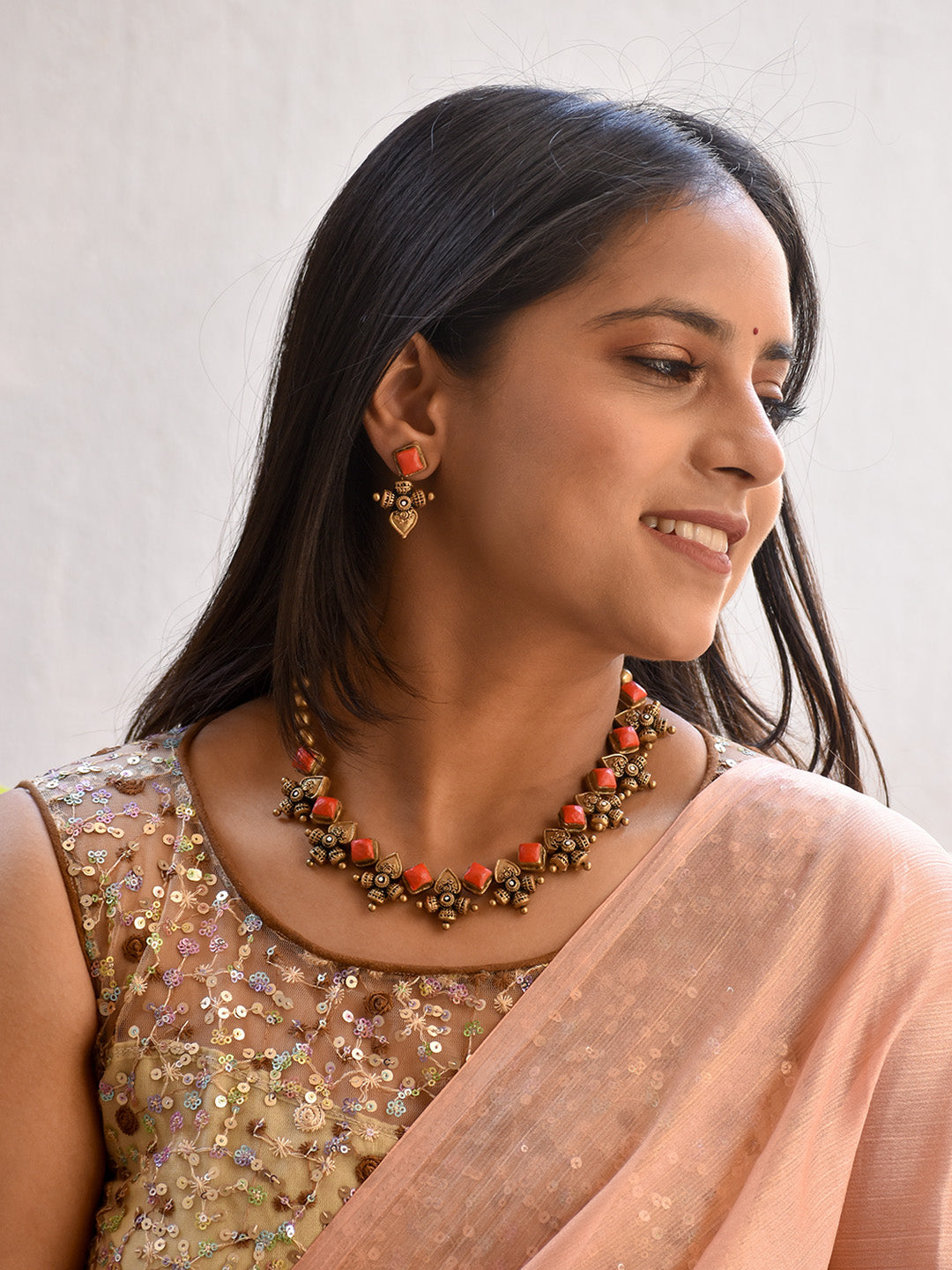 Beautifully Handmade Red & Antique Gold Temple Design Terracotta Jewellery Set