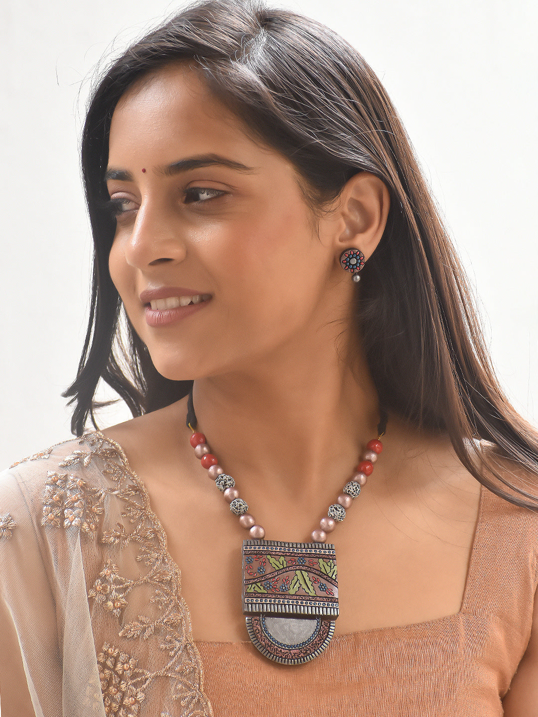 Handcrafted Terracotta Statement Necklace Set with Intricate Painted Pendant and Matching Studs
