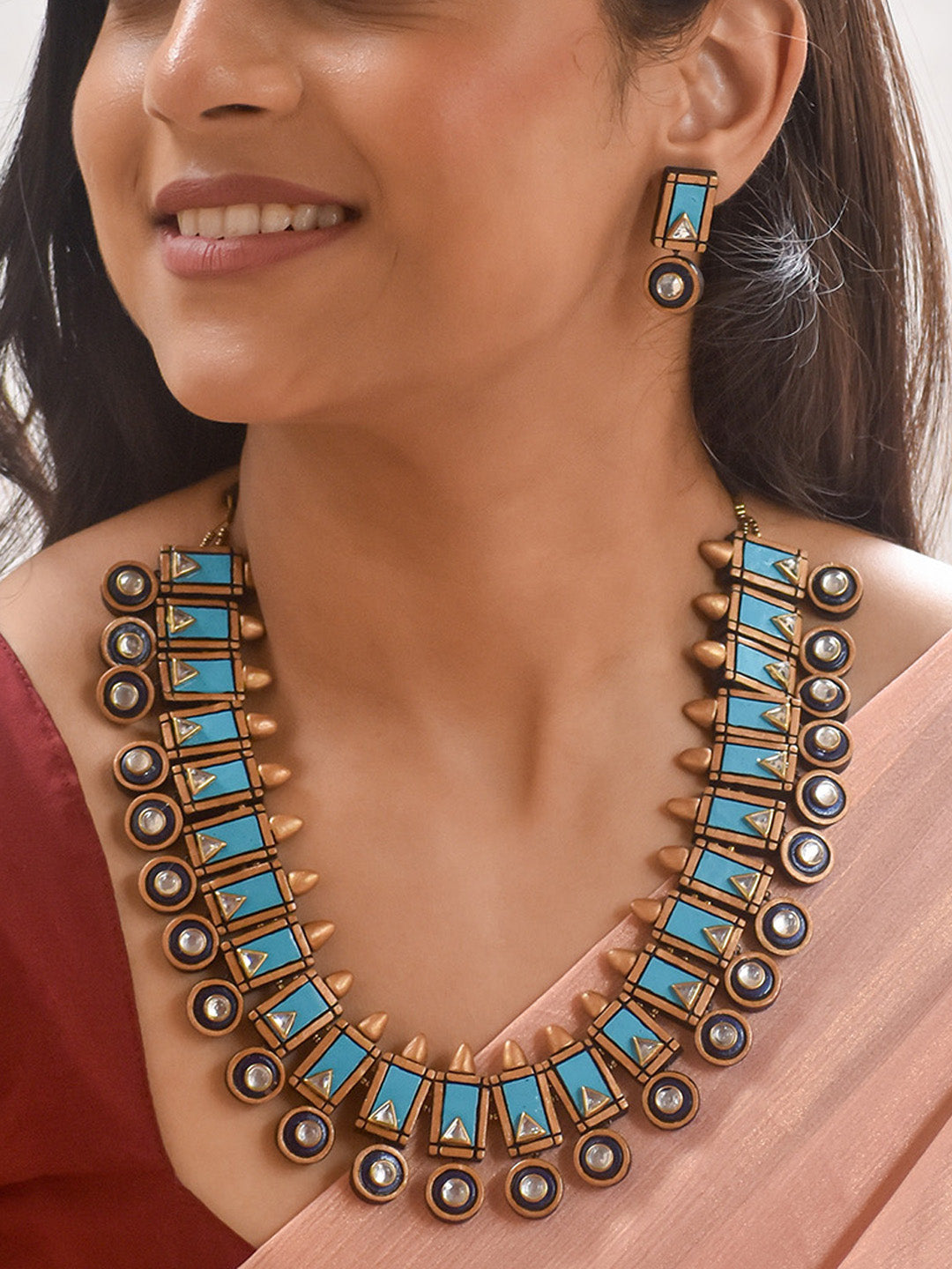 Handcrafted Contemporary Terracotta Jewellery Set in Blue, Gold & Black