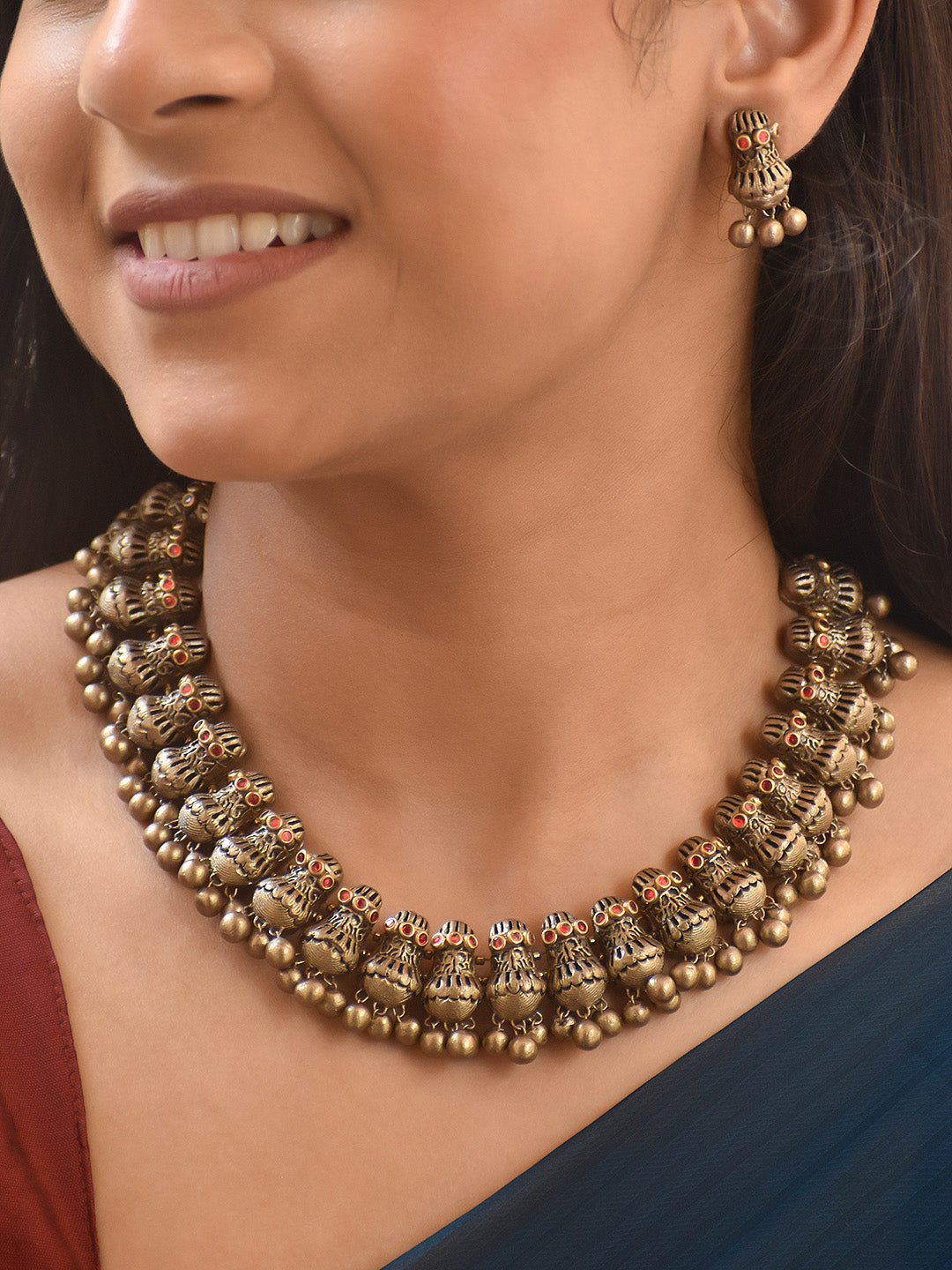 Handcrafted Antique Brass Necklace Set with Matching Earrings