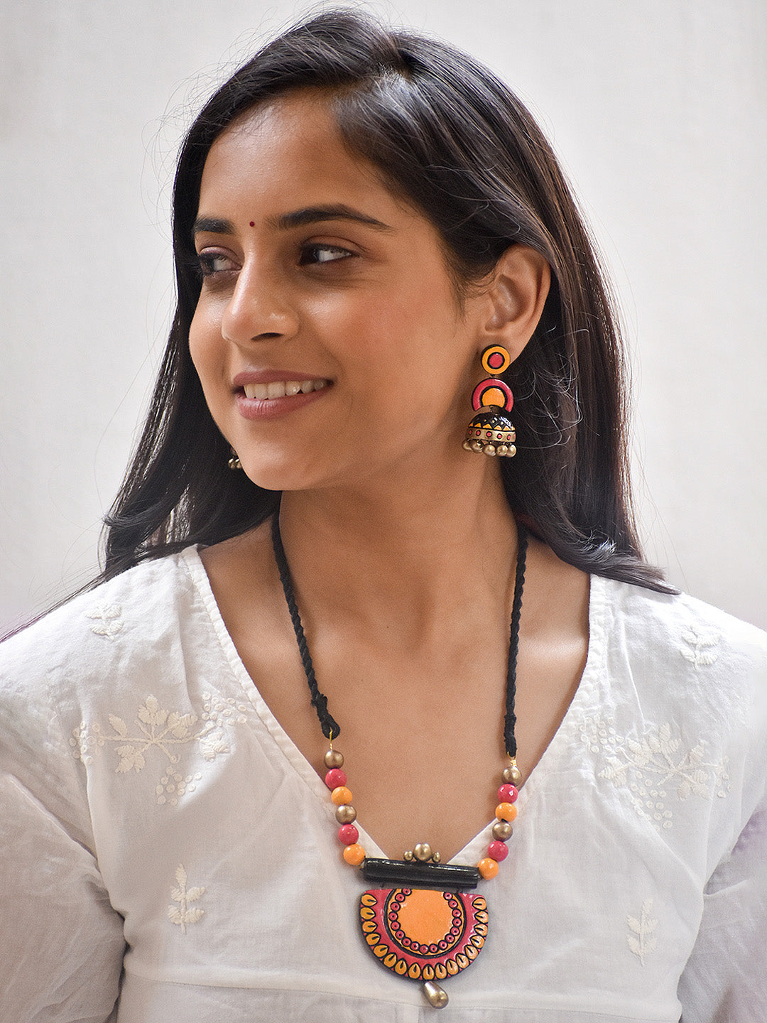 Handcrafted Terracotta Necklace Set with Yellow, Pink, Orange, Black Tribal Design with Matching Jhumka Earrings