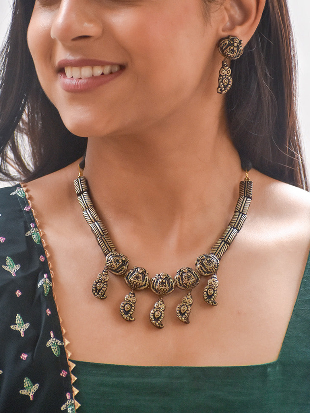 Handcrafted Antique Finish Terracotta Necklace Set with Intricate Motifs and Matching Earrings