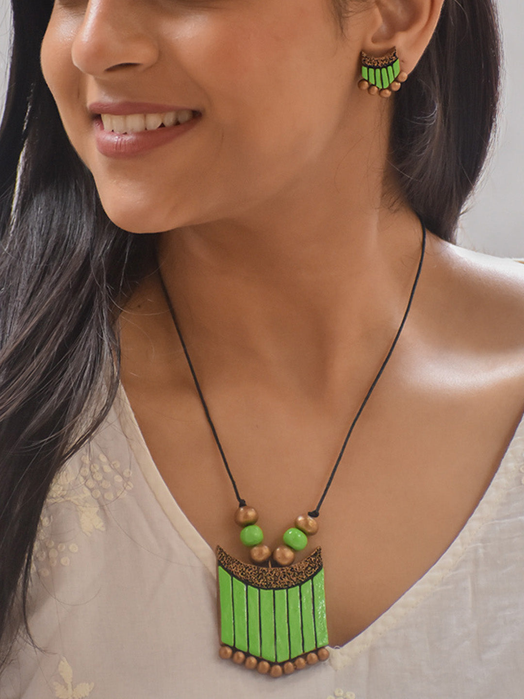 Handcrafted Geometric Terracotta Jewellery Set in Green & Antique Gold