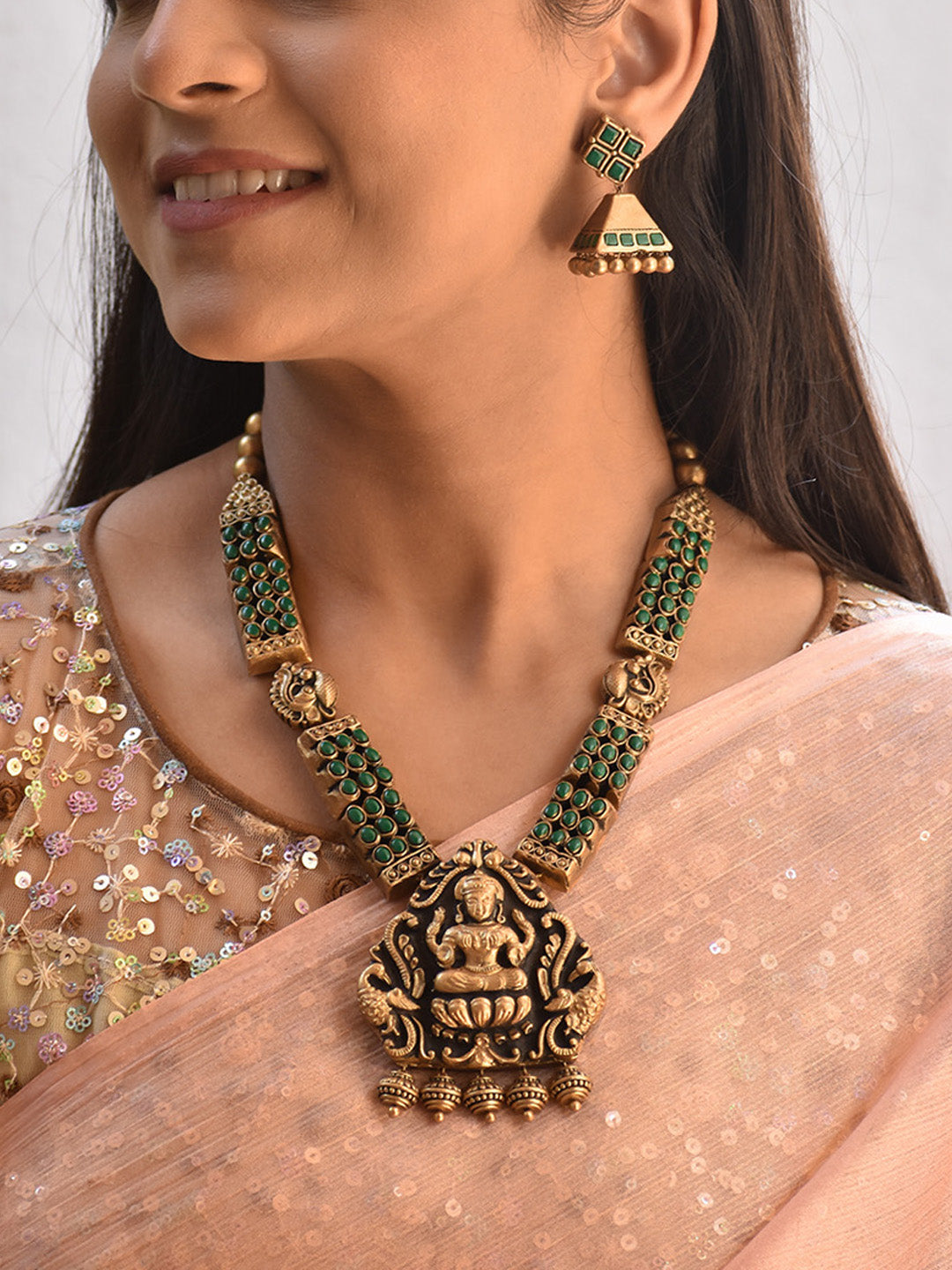 Beautifully Handmade Green & Antique Gold Lakshmi Pendant Terracotta Jewellery Set