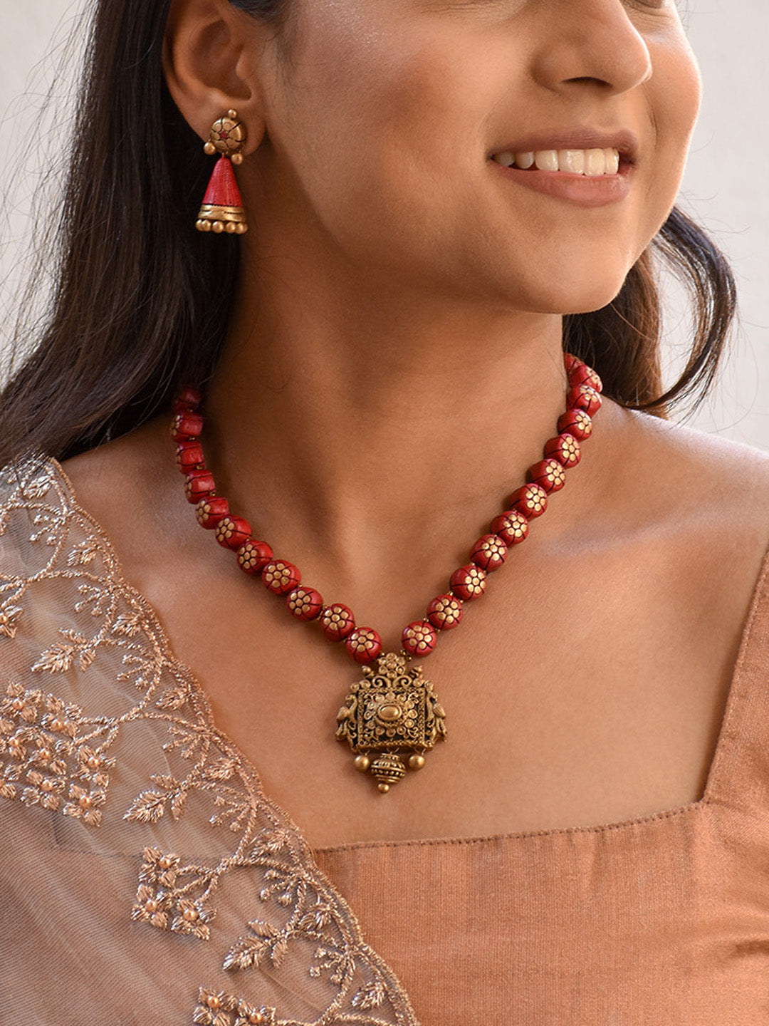Beautifully Handmade Floral Terracotta Jewellery Set in Maroon & Antique Gold