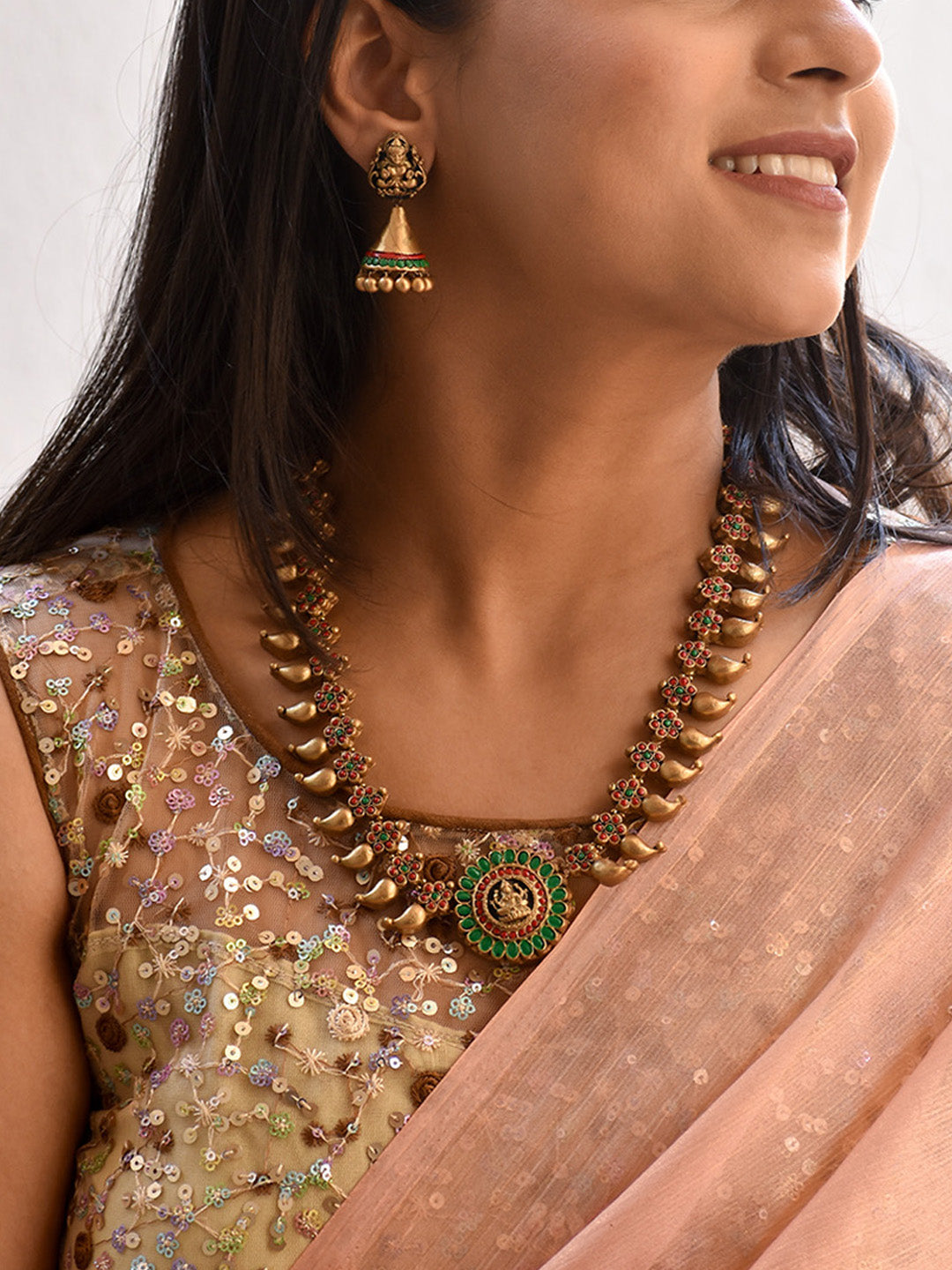 Beautifully Handmade Green & Red Lakshmi Pendant Terracotta Jewellery Set in Antique Gold
