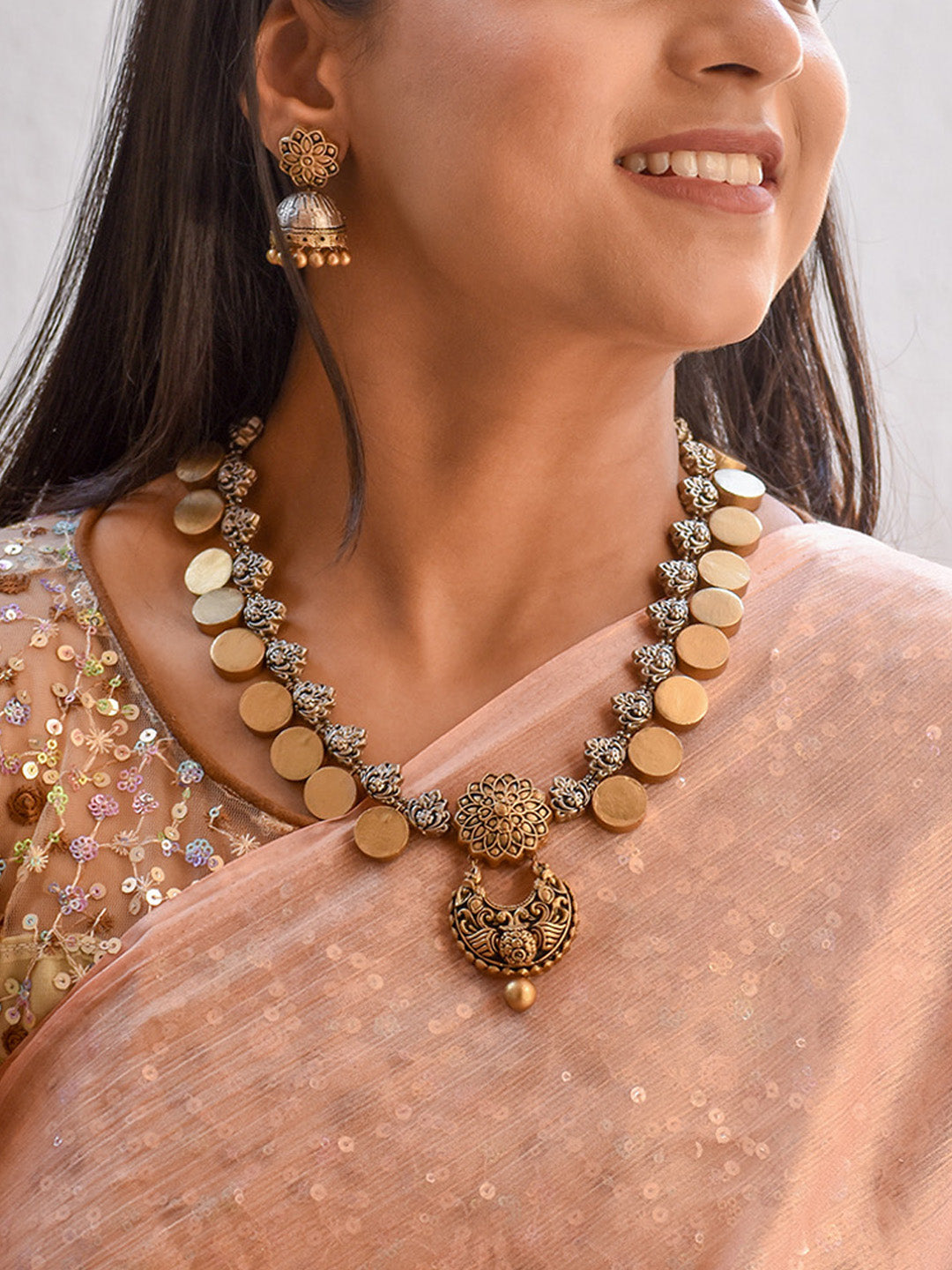 Beautifully Handmade Golden Beige & Antique Silver Coin Deisign Terracotta Jewellery Set