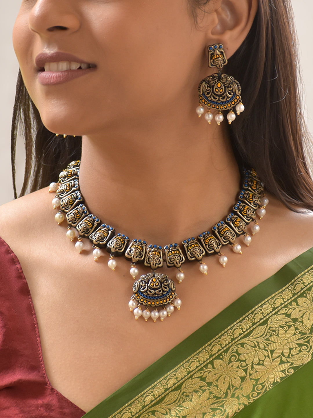 Handcrafted Terracotta Ganesha Necklace Set with Antique Gold & Blue Detailing, Pearl Drops, and Jhumka Earrings