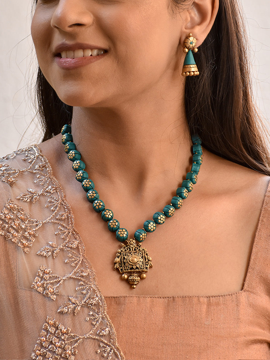 Beautifully Handmade Floral Terracotta Jewellery Set in Teal & Antique Gold