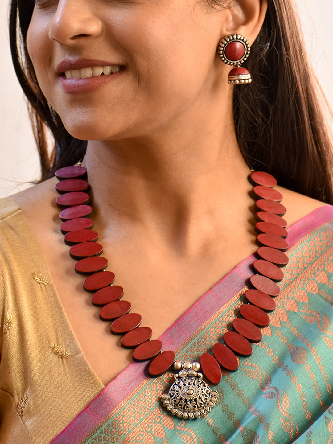 Beautifully Handcrafted Oval Terracotta Jewellery Set in Deep Maroon & Antique Silver