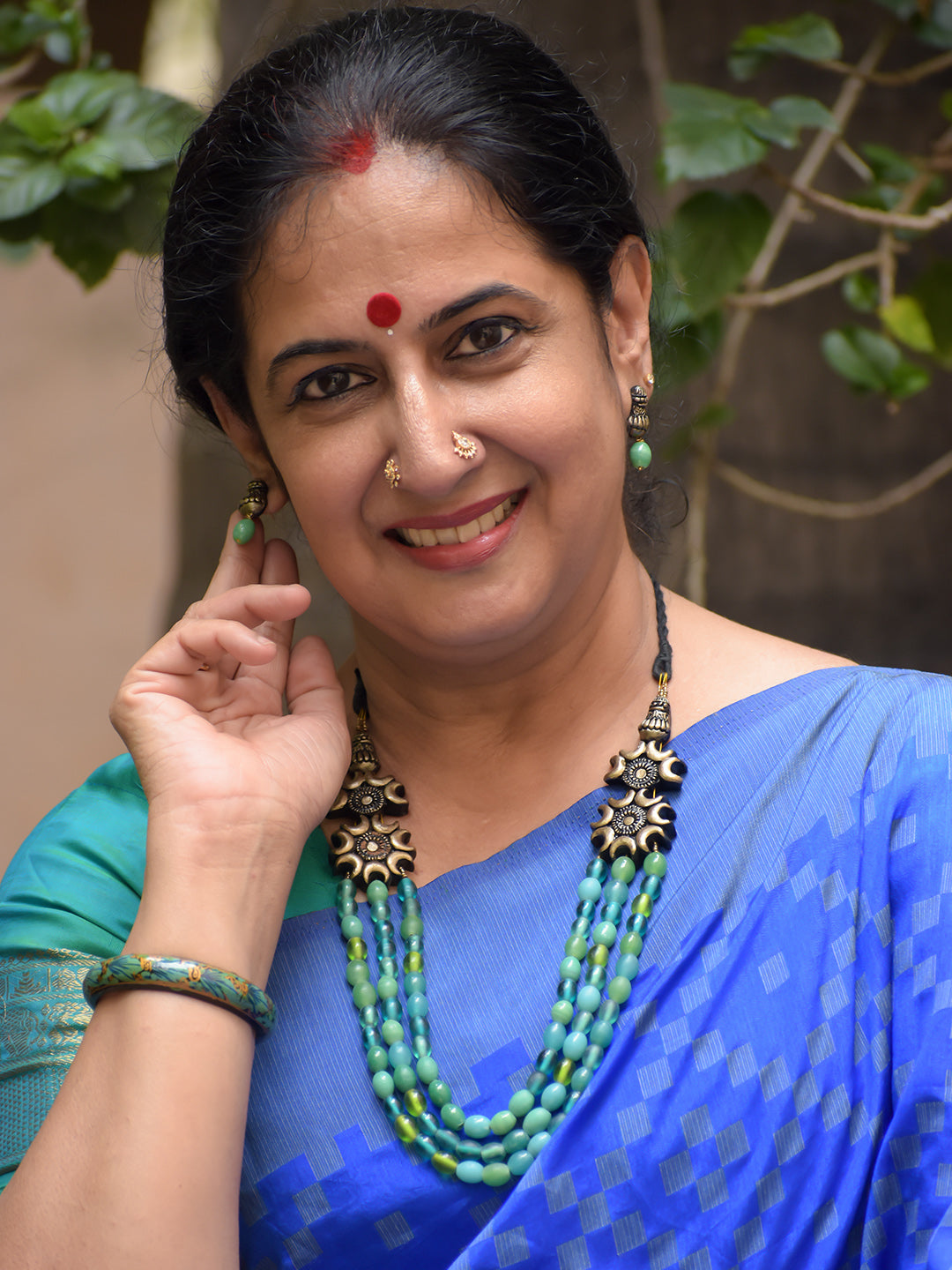 Handcrafted Terracotta Boho Beaded Necklace Set in Blue & Green with Antique Bronze Accents