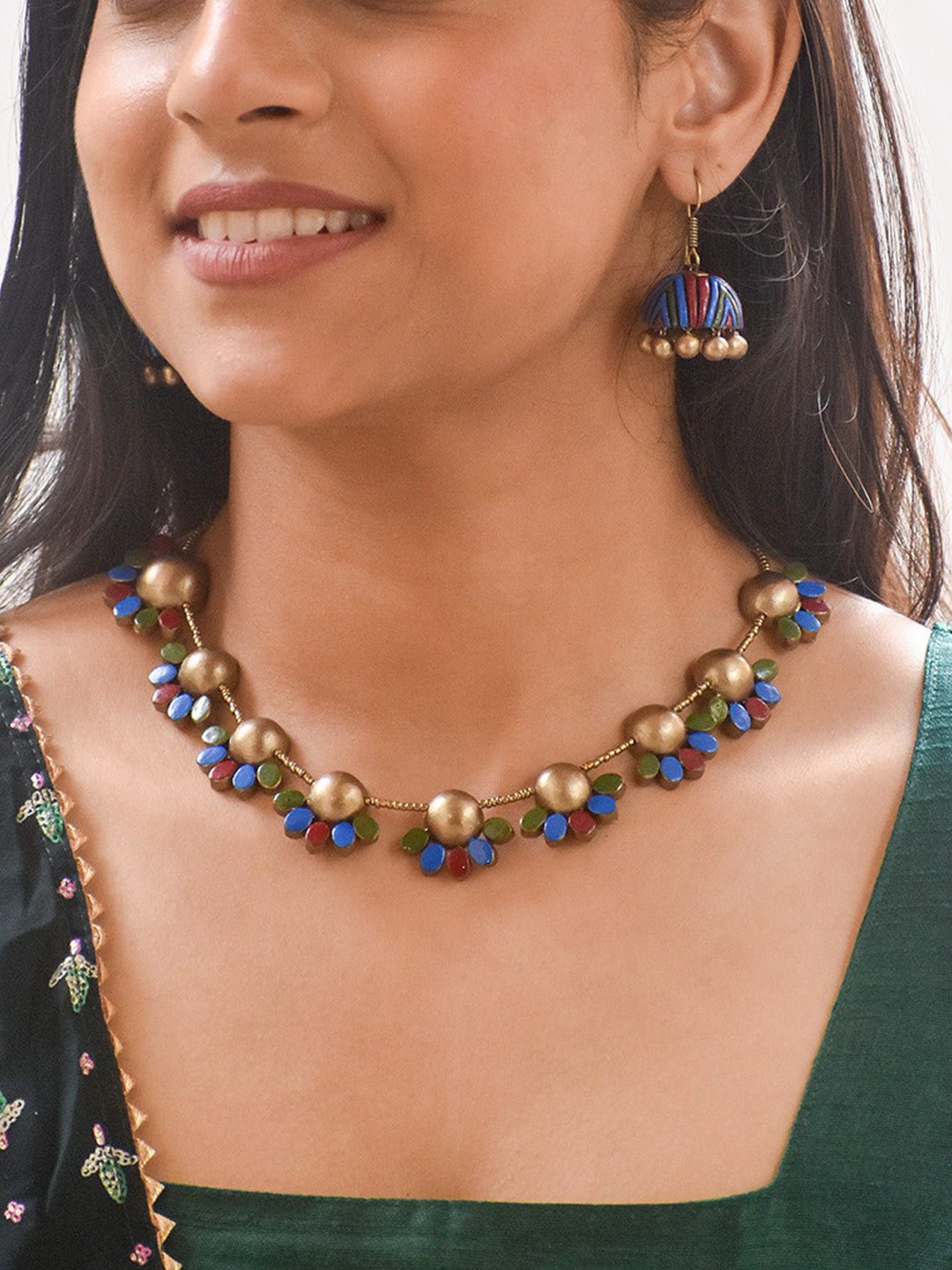 Handcrafted Terracotta Floral Necklace Set with Gold, Red, Blue & Green Petals, and Matching Earrings