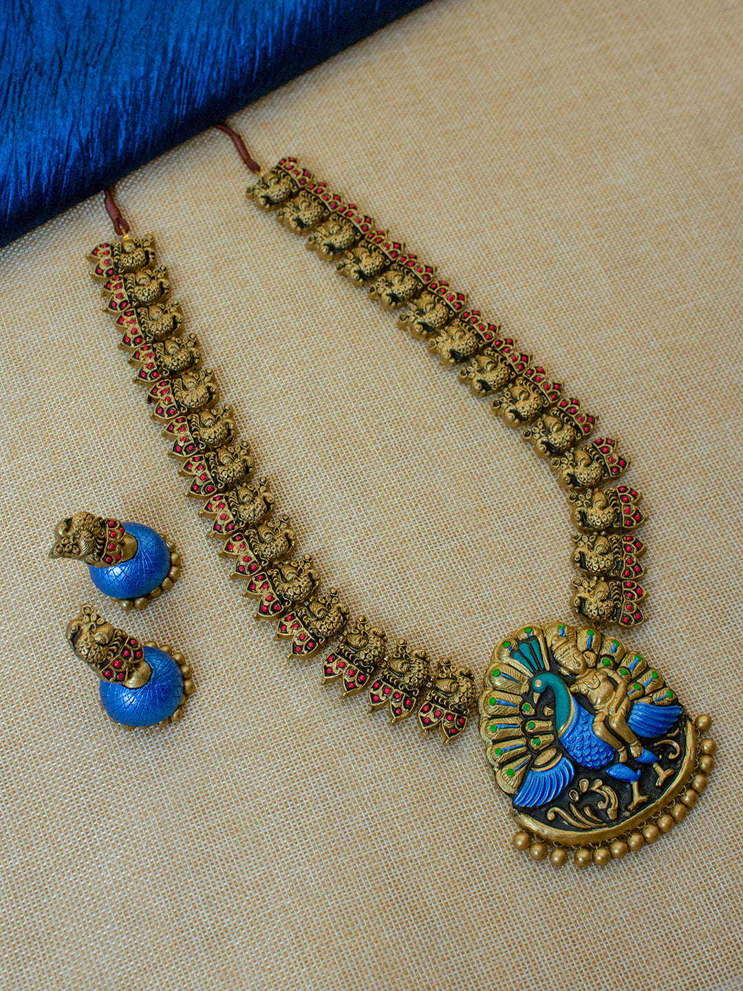 Beautifully Handcrafted Lord Subramanya Peacock Design Terracotta Jewellery Set in Royal Blue & Antique Gold