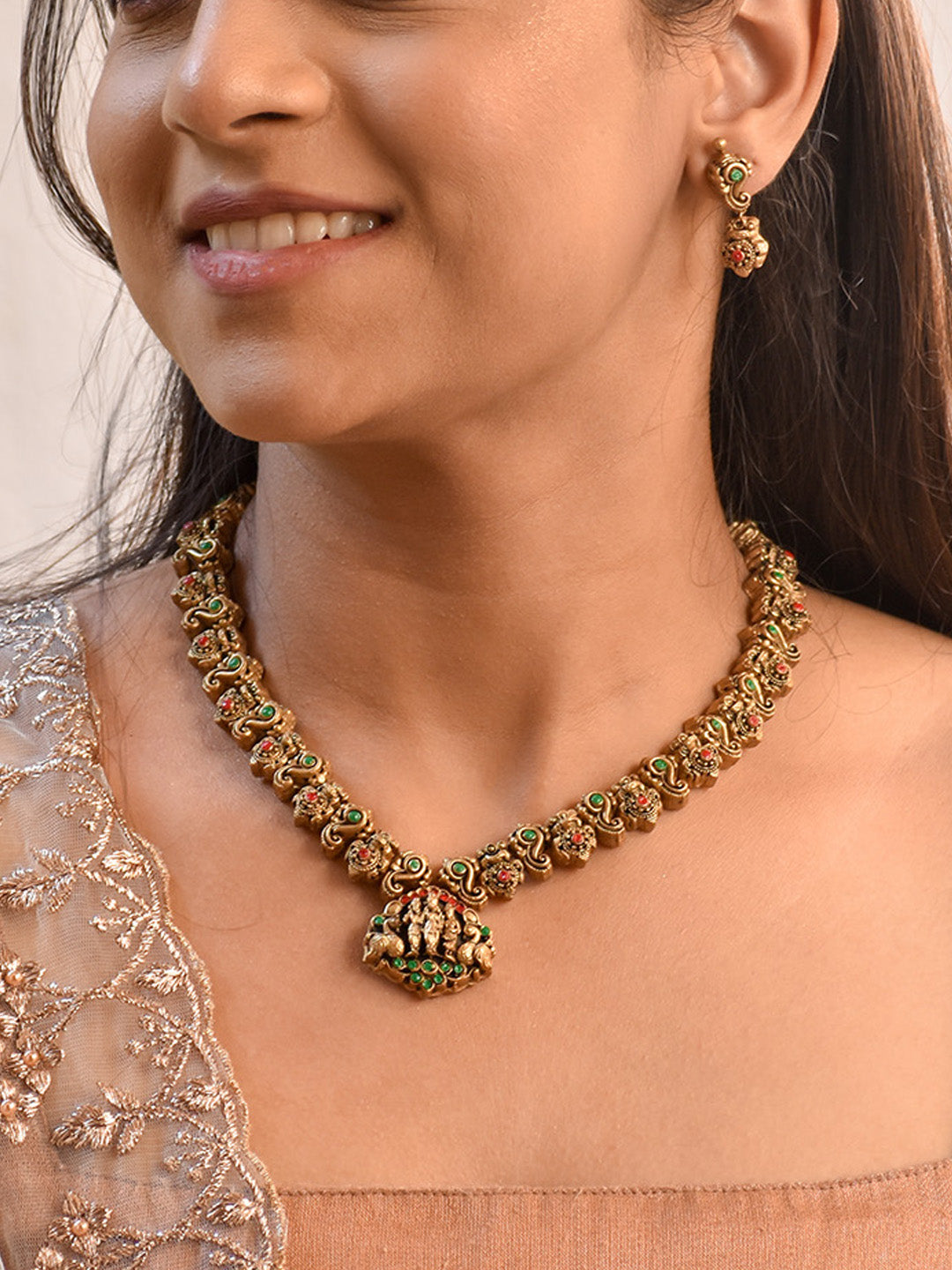 Handmade Temple Design Terracotta Jewellery Set in Antique Gold, Green & Red