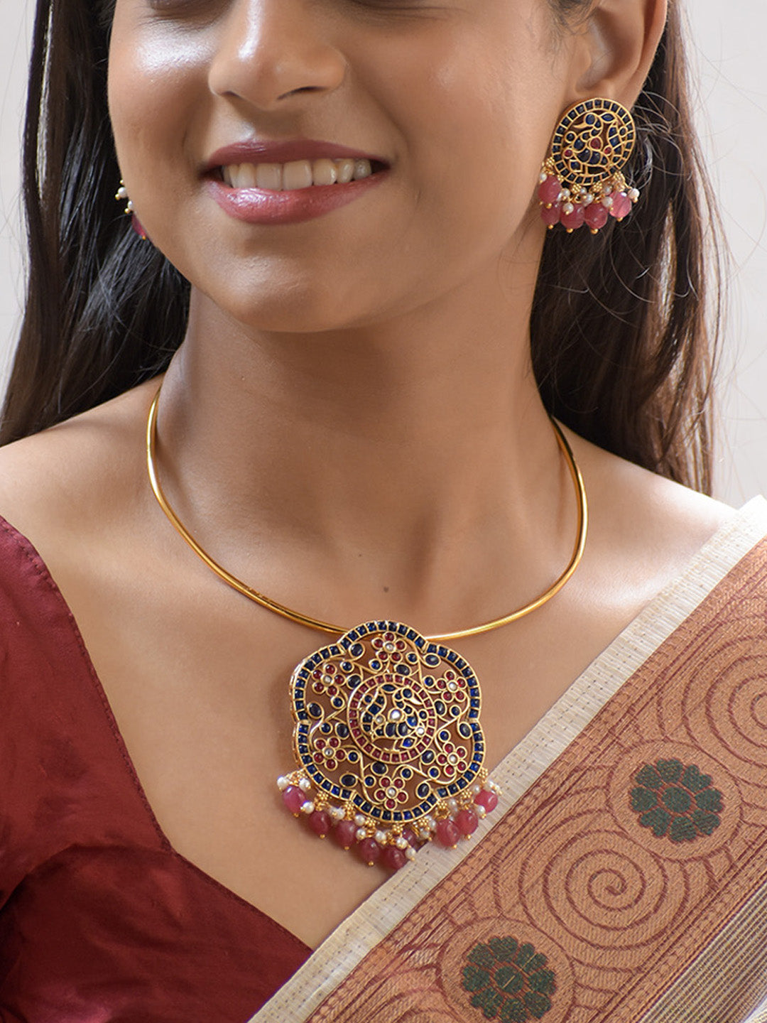 Premium Gold-Plated Floral Motif Necklace Set with Blue, Pink Agate, and Pearls