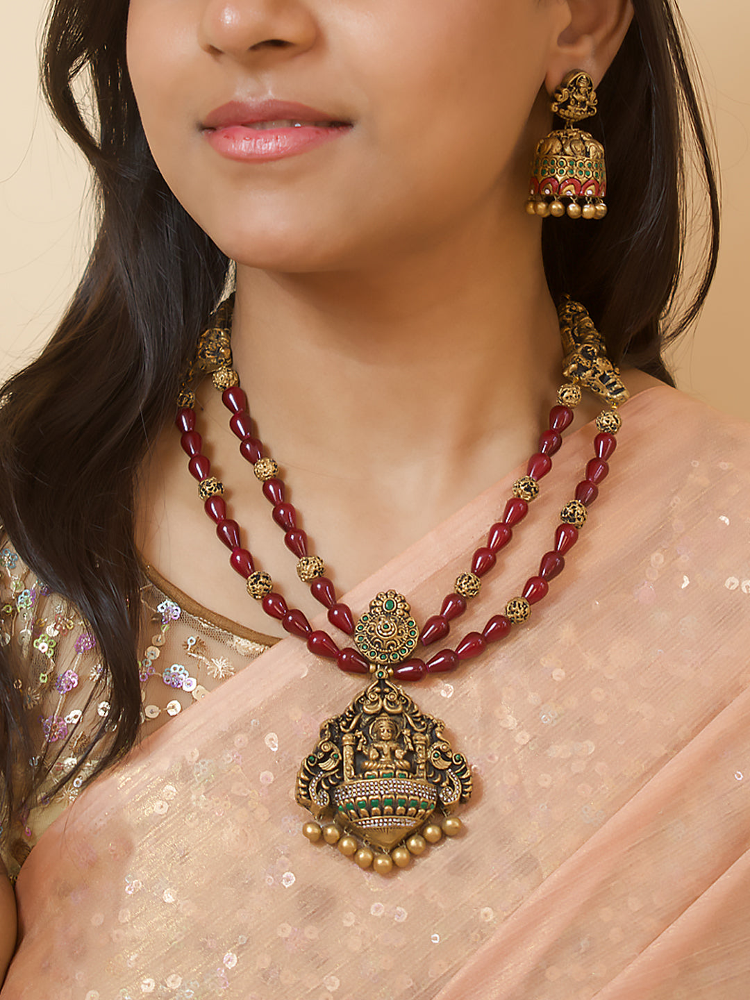 Suvarna Manjari — Lakshmi Design 2 layered Maroon Glass Beads Haram Style Antique Gold Handmade Terracotta Necklace Set