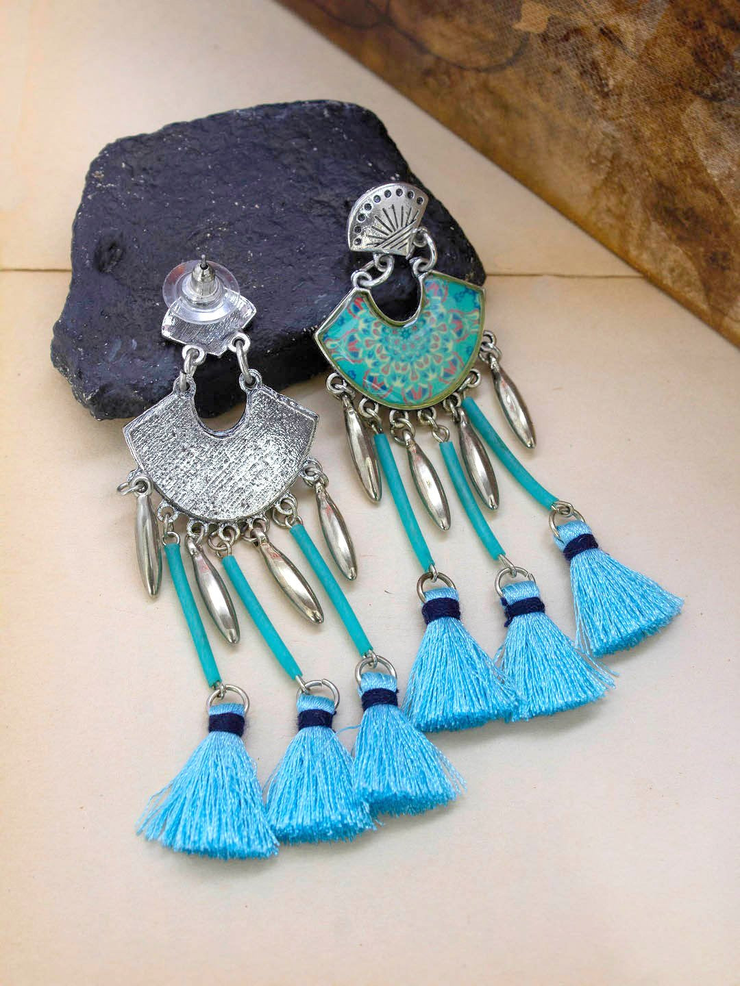 Silver Plated Hanging Tassel Design Shades Of Blue Color Dangler Earring