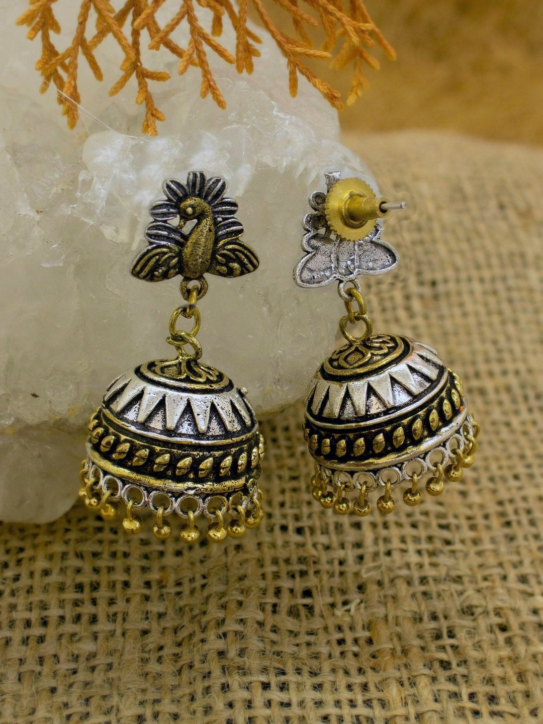 Traditional Dual Tone Peacock Design Stud Jhumka