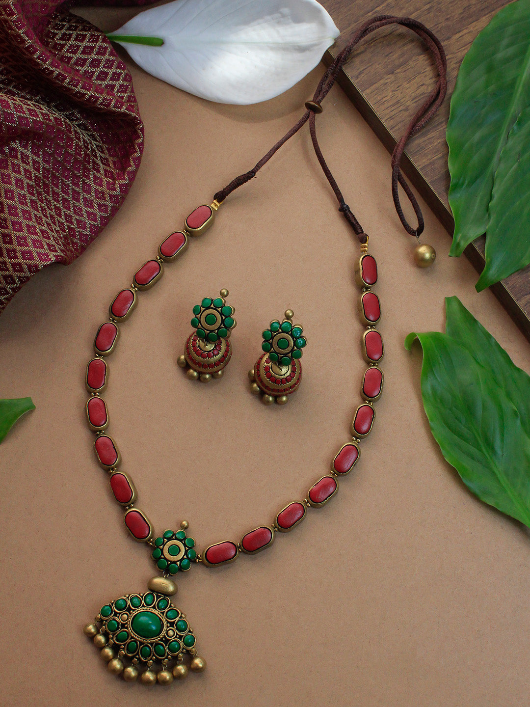 Pravaahika — Red Green Antique Gold Rounded Rectangular Pattern Haram Style Minimalistic Handmade Terracotta Necklace Set