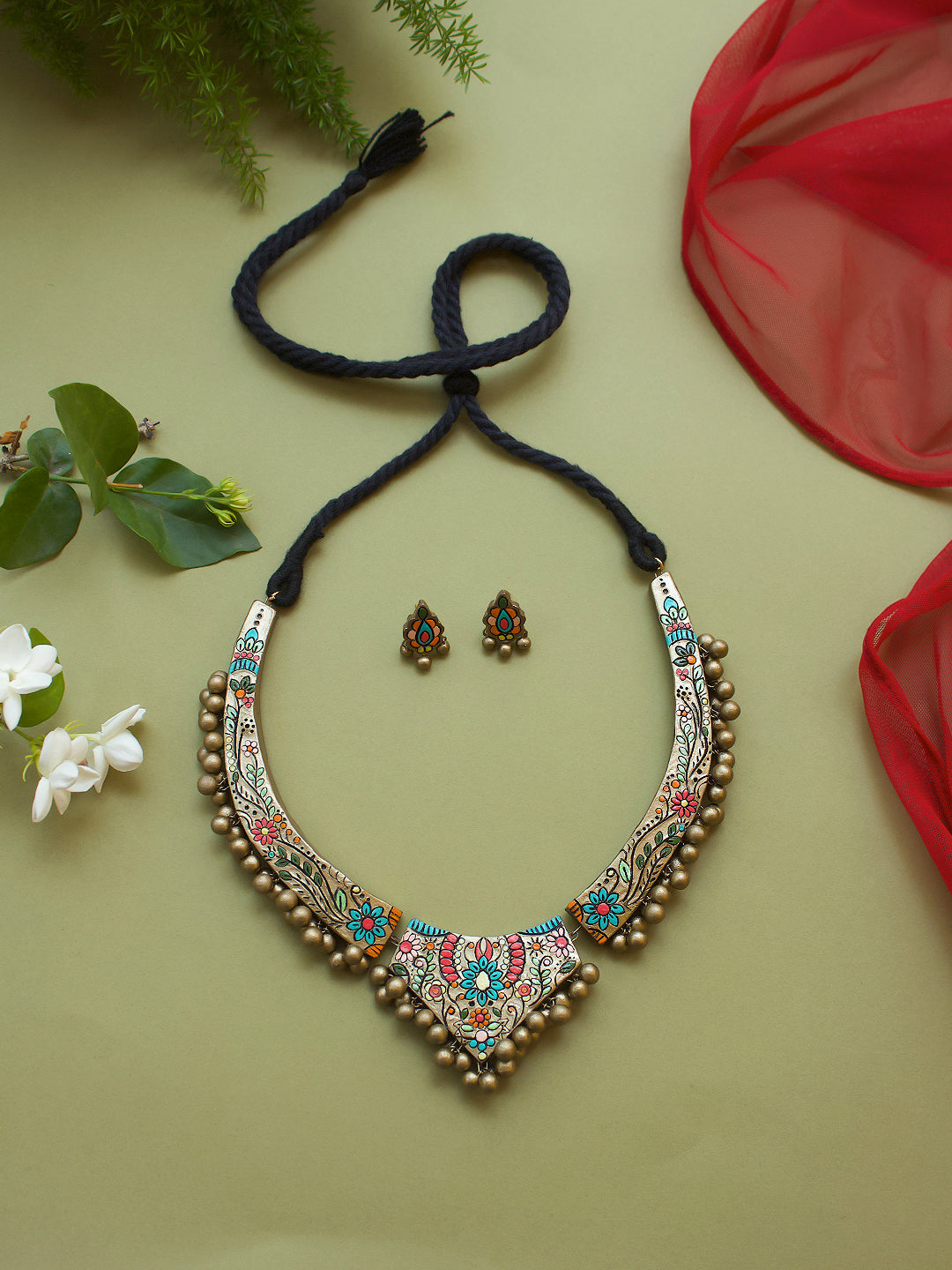 Flower Design Hand Painted Finish Terracotta Jewellery Set