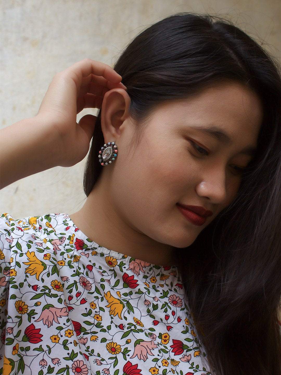 Silver Plated Oval Design Multicolor Plastic Stone Stud Earring