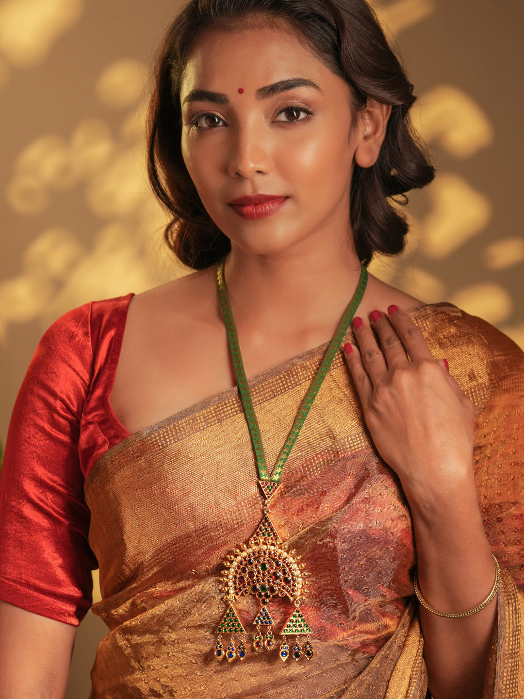 Gold Tone Temple Necklace Set- Brocade Surya Green