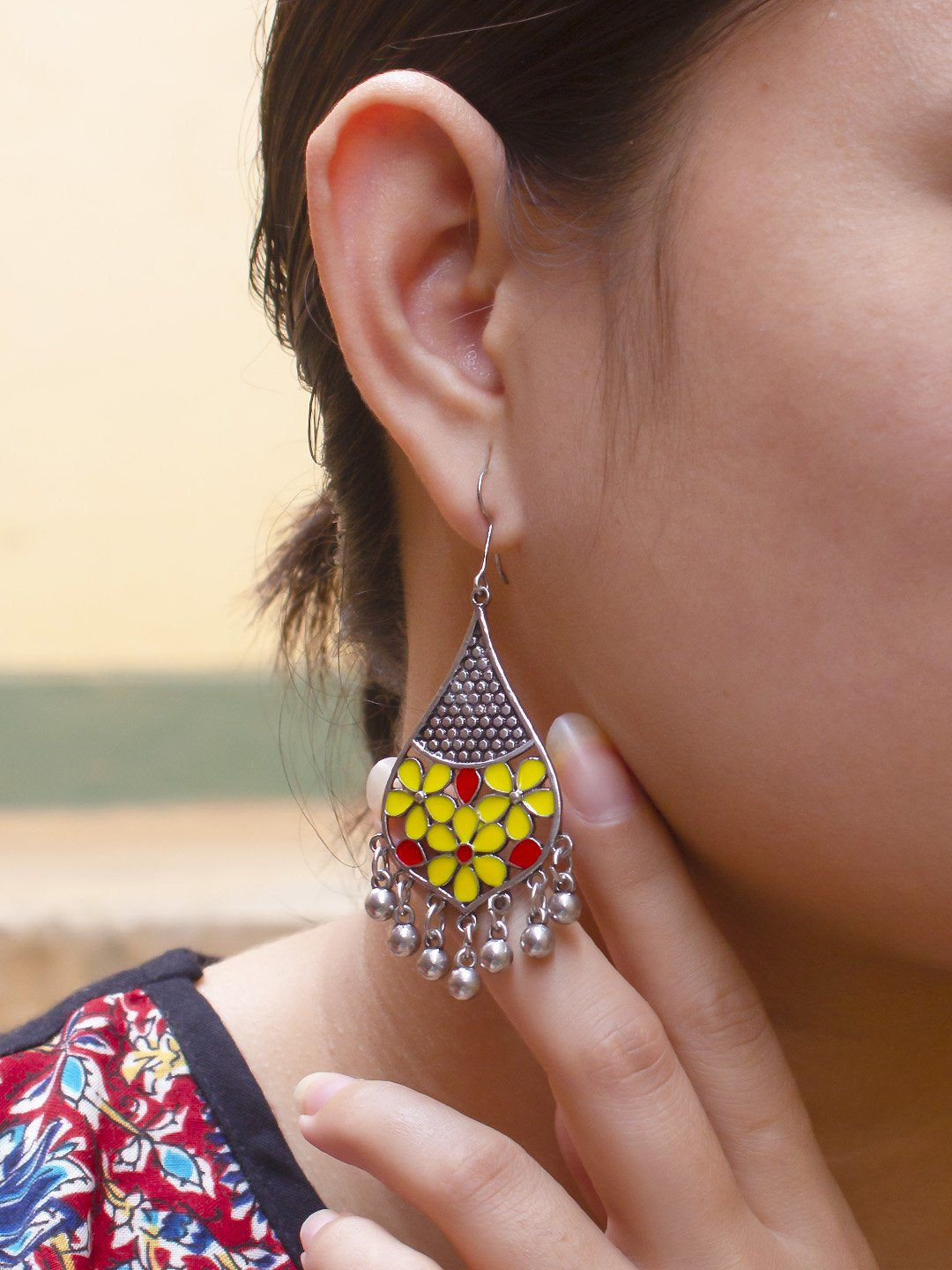 Silver Plated Floral Design Red And Yellow Color Enamel Painted With Hanging Silver Beads Dangler Earring