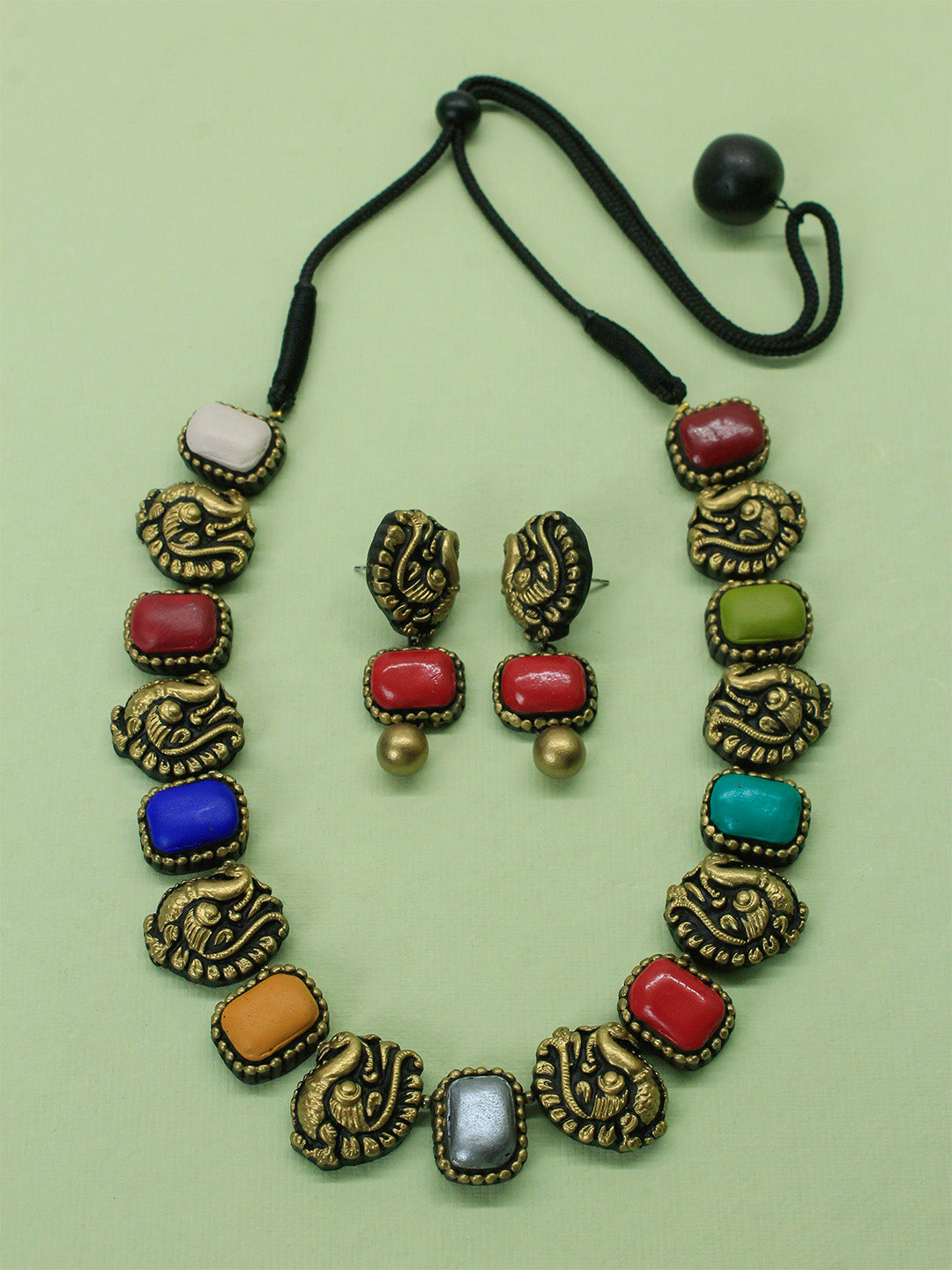 Navratna Design - Auspicious Navratna 9 colors used, Premium Antique Gold Finish, Peacock design, Handmade Terracotta Necklace Set