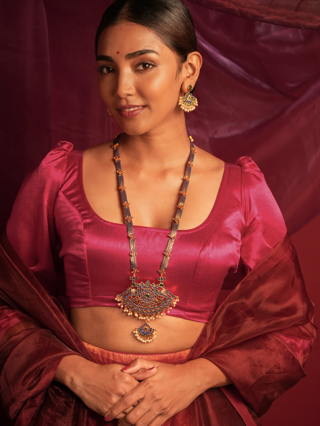 Zarmeen — Gold Tone Temple Necklace Set- Blue Zari Haaram