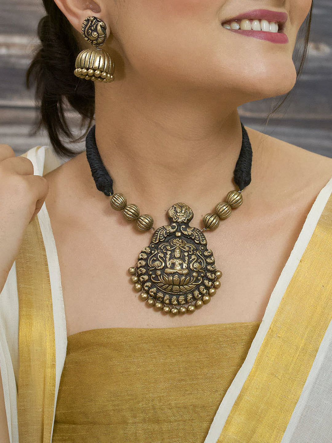 Shreesutra — Designer Handmade Gold Plated Lakshmi Design Pendant Choker Handmade Terracotta Necklace Set