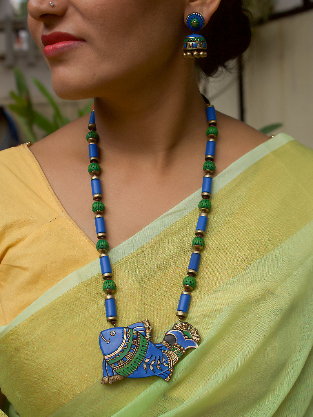 Fish Design Hand Painted Finish Terracotta Jewellery Set