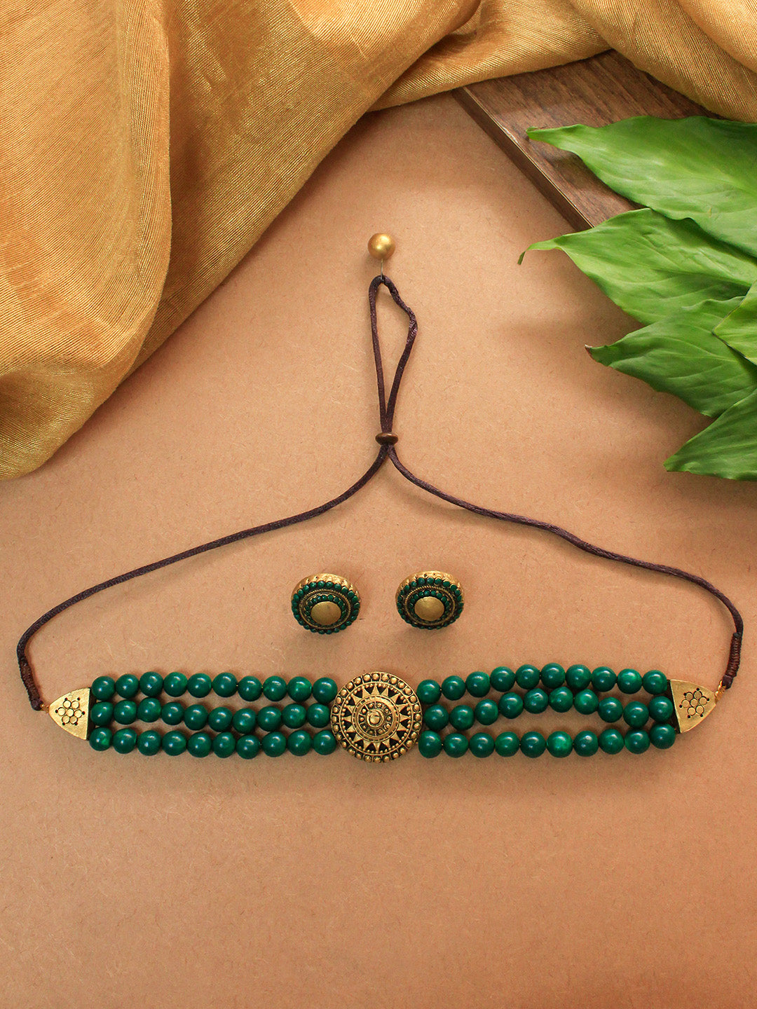 Green Gold Three line victorian choker surya sun design handmade terracotta necklace set