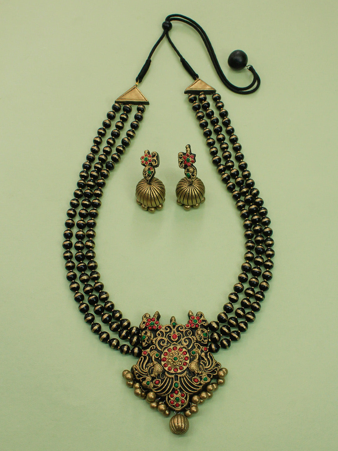 Black Antique Gold Red Green 3 Layered Peacock Design Haram Handmade Terracotta Necklace Set