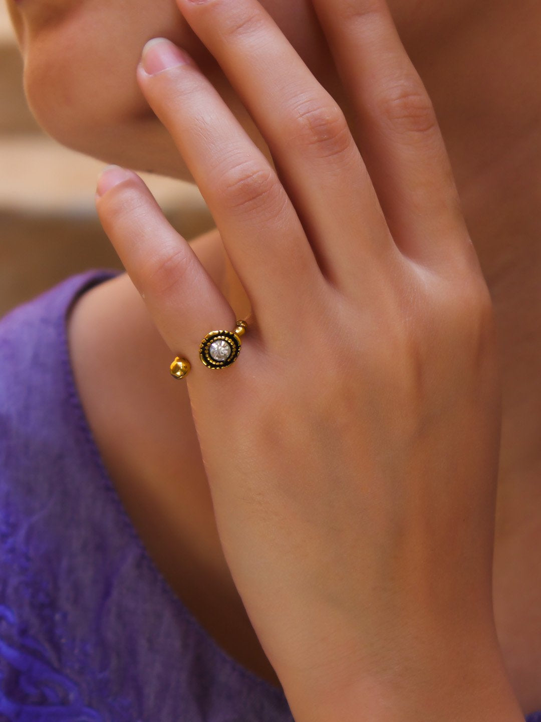 Gold Plated Geometric Design White Color Finger Ring