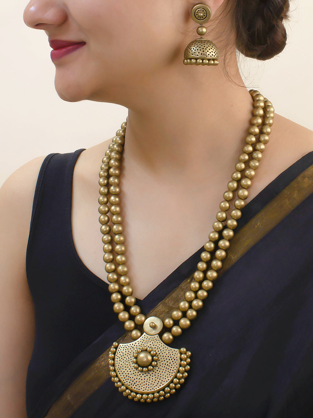 Chandramukhi — Designer Handmade Halfmoon Design Pendant Two Layered Antique Gold Color Terracotta Necklace Set