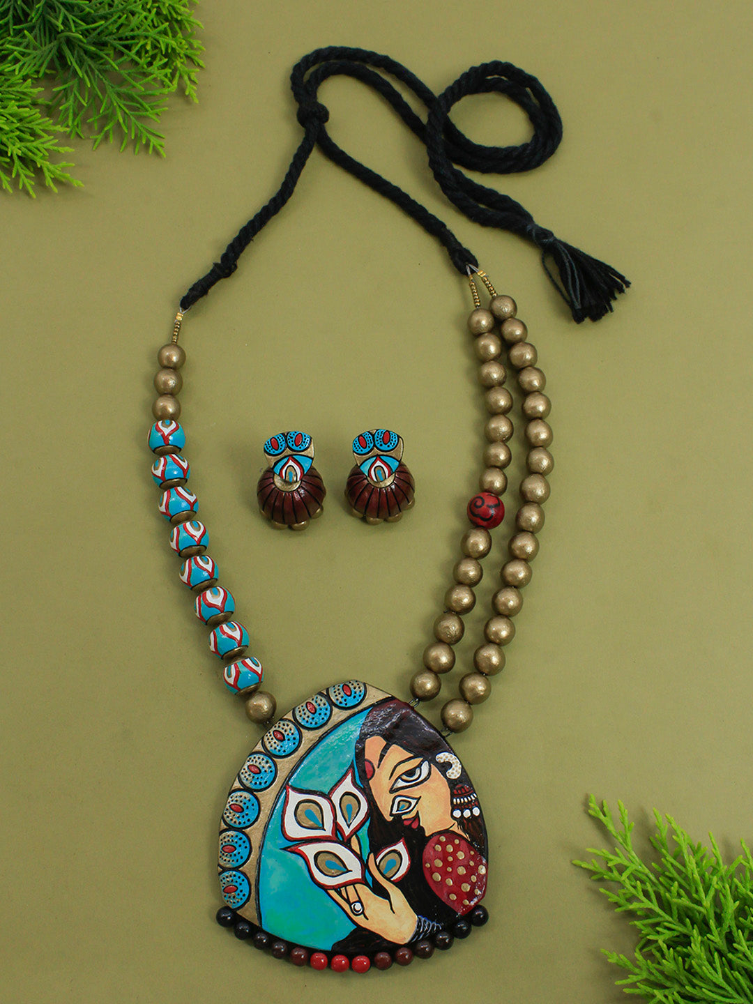 Warli Art Woman Painting Blue Maroon White Antique Bronze Handmade Terracotta Necklace Set