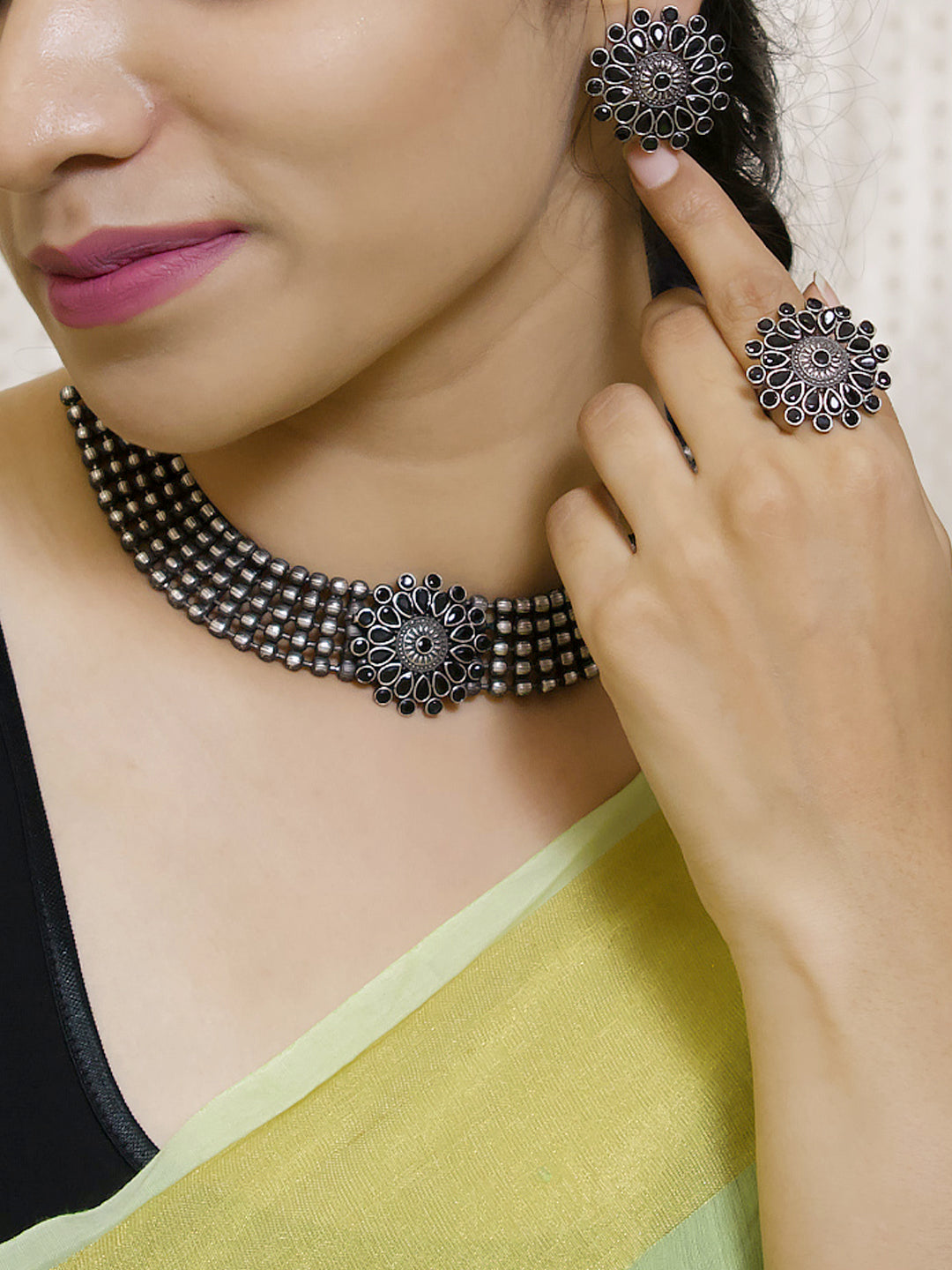 Silver Plated Five Layered Black Color Artificial Stone Tear Drop Design Choker Necklace Set With Adjustable Finger Ring