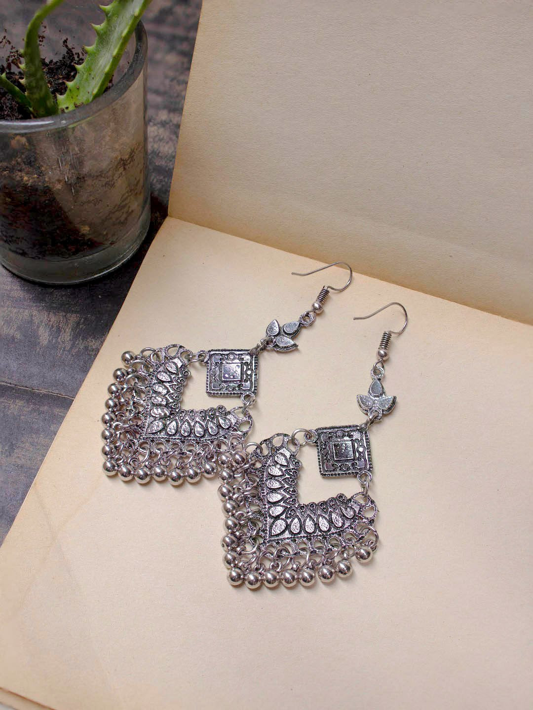 Silver Plated Rhombus Design Black And Red Color Enamel Paint With Hanging Ghungroos Dangler Earring