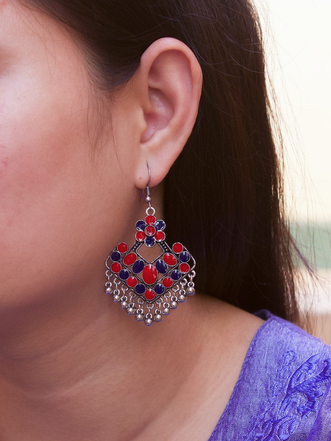 Floral Design Red and Blue Dangler Afghani Earring