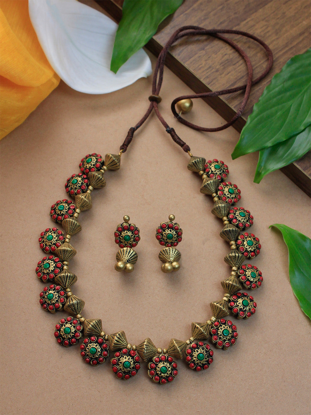 Sundarika — Antique Gold Red Green Floral Conical Design Handmade Terracotta Necklace Set
