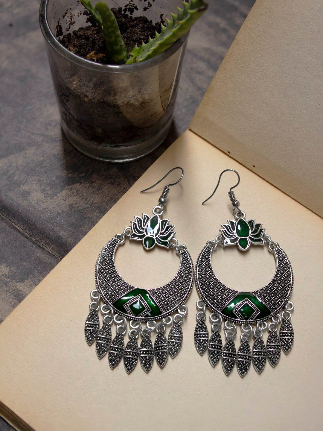 Silver Plated Lotus Design Green Color Hanging Dangle Earring